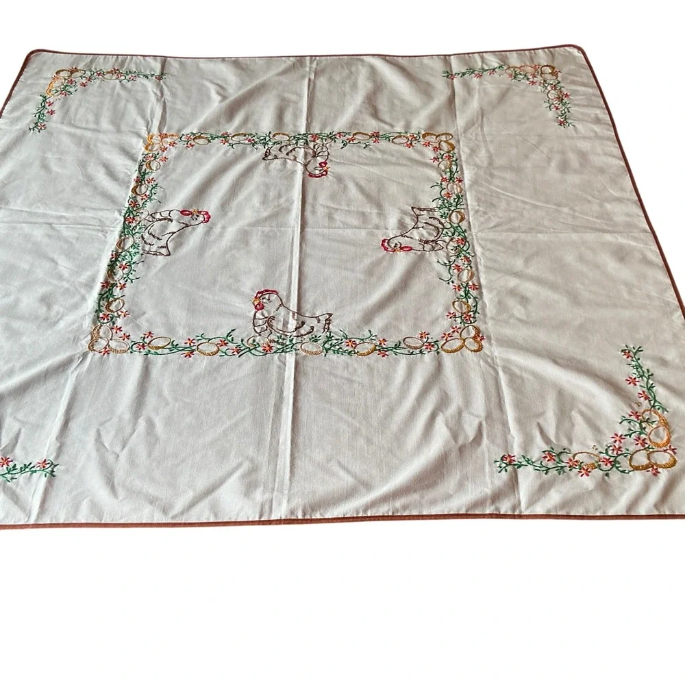 Vintage Hand‎ Embroidered Tablecloth Chickens Eggs Farmhouse Cottagecore 36x38